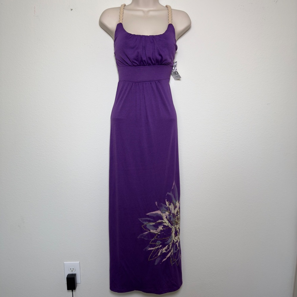 NEW y2k Bongo Women Milkmaid Maxi Dress Purple Braided Macrame Racerback Floral
